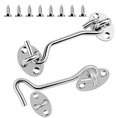 OHiZVZV 2 ganci antipioggia da 10,2 cm con occhiello, set di chiusura per porta in acciaio inox, ganci stabili per porta del garage, finestra, porta fienile, porta della cantina (argento)