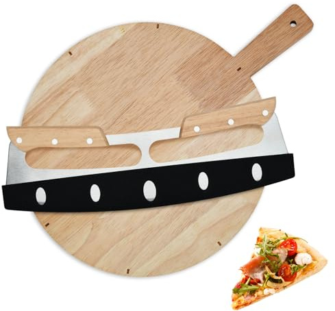 Pizzaschneider und Pizzabrett Set, 33cm Pizzamesser aus rostfreiem Edelstahl mit Holzgriff & 30.5cm Pizzaschneidebrett aus Holz, Pizzazubehör für hausgemachte Pizza
