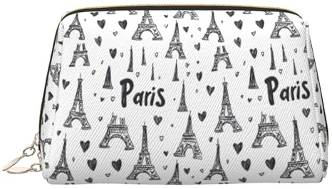 Nevjipu Grande trousse da viaggio in pelle PVC con stampa Torre Eiffel e cuore, borsa per cosmetici da donna con cerniera, borsa portatile impermeabile per la cura della pelle, beauty case per trucco