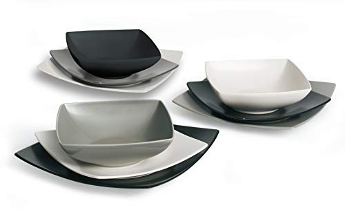 Excelsa Eclipse Servizio Piatti Quadrati 18 Pezzi, Ceramica, Bianco, Nero e Grigio