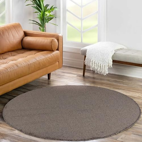Teppium Moderner Kurzflor Teppich Wohnzimmer 200 cm Rund Mokka - Waschbarer Teppich Dichtere, Flauschig, Extra Weich und Einfarbig - für Schlafzimmer, Esszimmer oder Küche