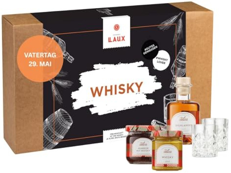 LAUX Whisky Set - Geschenkbox mit 3 Premium Whisky-Spezialitäten & 2 Whisky-Gläsern - Erlesene Zutaten - Geschenke für Männer - Weihnachtsgeschenke