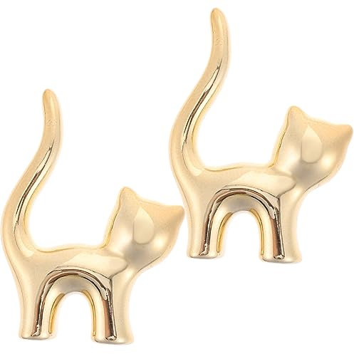 Amosfun Ringhalter Keramik Niedlichen Katze Figur Ringständer Schmuckständer Schmuckhalter Fingerringe Display für Schmuck Fotografie Frauen Mädchen Geburtstagsgeschenk 2 Stück (Golden)
