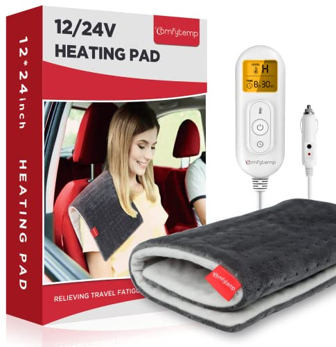 Comfytemp 12V/24V Car Electric Blanket for Back, 4 Heat Settings, 11Auto-Off, Portable Mini Travel Blanket for Neck, Shoulders, Hip, Waist, Truck, SUV, 12 x 24 Washable for Drivers Women Men Winter