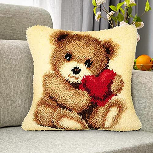 The Love Bear​ Latch Hook Cushion Kit 43x43cm, Complete DIY Cushion Making Craft Kits with Yarn & Canvas and Crochet Needle, Latch Hook Pillow Cover Adult Kids Craft Kits Home Decor for Women