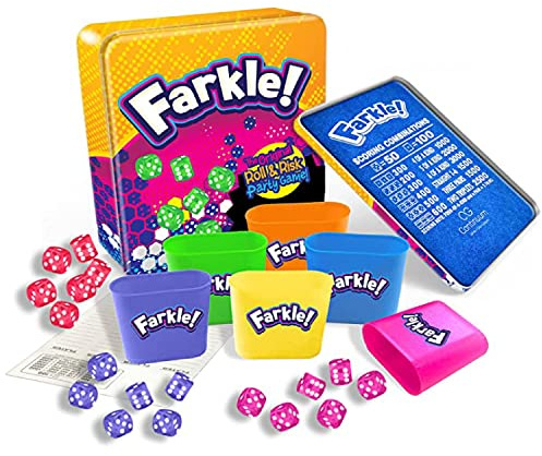 Farkle Deluxe Dice Games Set Includes 36 Colorful Dice, 6 Rolling Cups, Rolling Tray, and Score Sheets The Classic Push-Your-Luck Dice Game