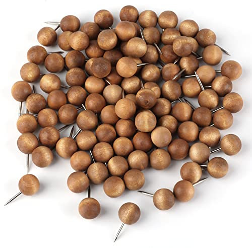 100stk Reißnägel Holz, Natur Holz Pinnnadeln Rundkopf Reißnägel für Korktafel Schwarzes Brett Karte Wand Kalender Foto Bürobedarf (Dunkelbraun)