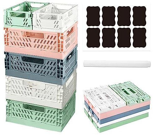 Aiuuee 6 Stücke Klappbox Stabil, 4 Stk Große Aufbewahrungskorb Faltbar (20,6x15x8,5CM) & 2 Stk Mini Klappkiste Plastik, Stapelbar Klappkorb Kunststoff Aufbewahrungskiste für Regal Büro Schlafzimmer