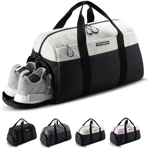 Fitgriff® Sporttasche & Reisetasche V2 für Damen und Herren - mit Schuhfach & Nassfach - Tasche für Sport, Fitness, Reisen - Trainingstasche, Gym Bag (Black/Creme White, Medium)