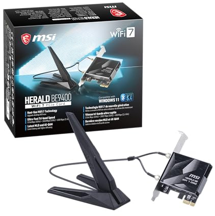 MSI Herald WiFi 7 PCIe Card for Desktop PC BE9400 Tri-Band, Bluetooth 5.4, 6GHz, MLO, 320MHz, 5.8Gbps