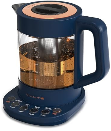 Vianté Hot Tea Maker Electric Glass Kettle with infuser and temperature control. Automatic Shut off Brewing Programs for your favorite teas Coffee 1.5 Liters capacity, Midnight Blue Color (KET-100MB)