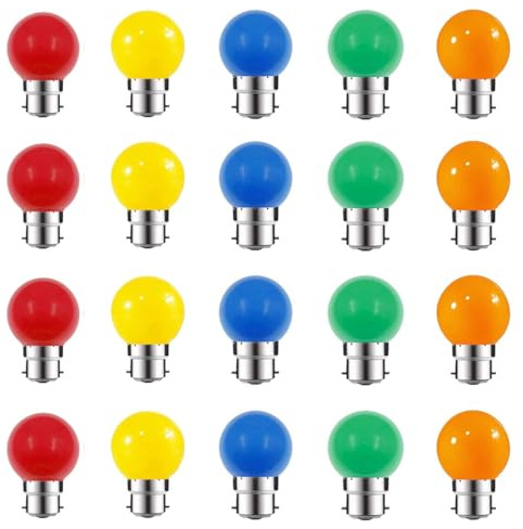 ZFQ B22 bajonettfärgade LED-glödlampor 2 W G45 golfboll mini-glolampor för utomhussträng uteplats trädgård fest jul, halloween bröllopsfest dekoration, 20-pack, röd gul blå grön orange