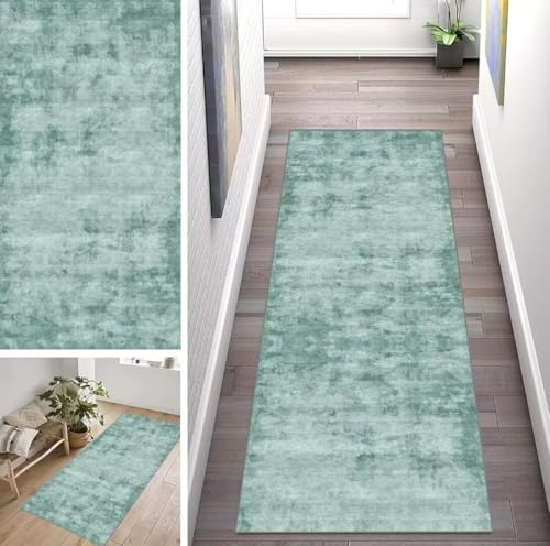 ZUZEKU Vintage Grün Läufer Flur Küche Waschbar rutschfest 90X500cm Lang Unifarbendes Abstraktes Muster Küchenteppich Flurteppich Teppich Fur Korridor Wohnzimmer Schlafzimmer Meterware Anpassbar