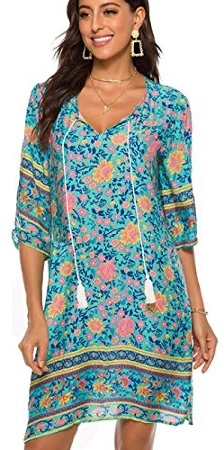 BDTECAOR Dam, vintage, etnisk stil, blommönster, bohemisk, 3/4-ärm, strandklänning, Gröna blommor, XXL