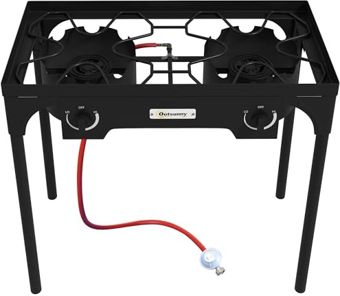 Outsunny Réchaud 2 brûleurs au propane réchaud à gaz portable 150 000 BTU/h avec 2 pieds amovibles pour extérieur, camping, métal moulé, dim. 79L x 40l x 76H cm