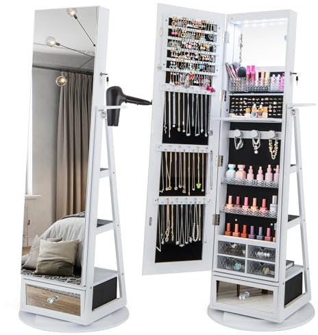 COSTWAY Armoire à Bijoux avec Miroir sur Pieds, Pivotant 360°, Lumières LED, Miroir Psyché sans Cadre, Verrouillable, Support pour Sèche-Cheveux, Étagères à l’Arrière, Grand Tiroir, Blanc