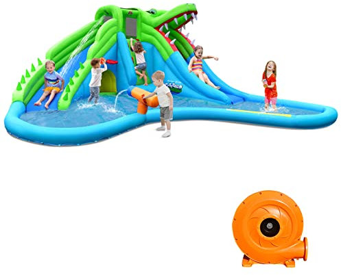 COSTWAY Inflatable Water Park, 558 x 504 x 233cm Kids Bouncy Castle with Blower, Dual Slides, Water Cannon, Climbing Wall, Splashing Pool, Blow up Jumping House for Summer Outdoor Play