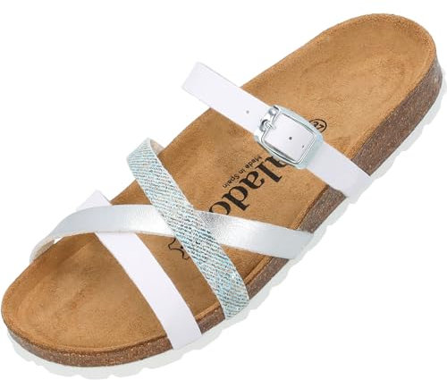 Palado Damen Pantoletten Cruisi - Schuhe mit Riemen - elegante Hausschuhe - Sohle aus feinstem Veloursleder - Sandalen mit Natur Kork-Fußbett Weiß/Silber UK9 - EU42