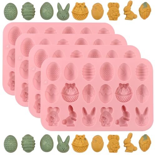 JSTHHTT 4 Piezas Moldes para Huevos de Pascua, Moldes de Chocolate de Silicona de Pascua, Molde Chocolate Huevos de Pascua, Pascua Molde de Silicona Conejo, 18 Cavidades