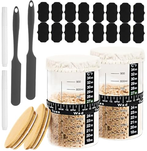 Surdeg startglas set 2 x 1 000 ml, med lock spatel och termometer | Frostat glas surdeg med brödbakningstillbehör för surdeg och jäsning, värmebeständigt glas, perfekt för bakning hemma