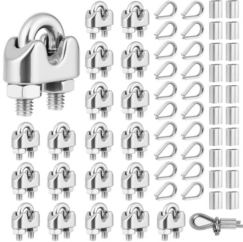 Flintronic 60PCS Wire Rope Clip, 20PCS M4 Wire Rope Cable Clip Clamps with 20PCS Wire Rope Crimping Loop Sleeves and 20PCS Wire Rope Thimbles, rope Grips for Awning Fixed Clothesline Tensioner