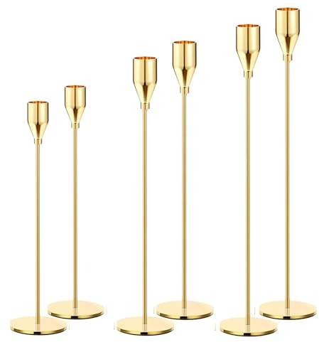 Ljusstake 6 stycken för stavljus, spiselkrans, ljus guld-ljusstake, set för 3/4 tum stång och LED-ljus, delikat snygg ljusdekoration för bröllop, fest/middag/jubileum