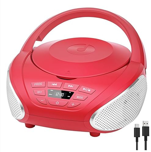 Gueray Lecteur CD Portable Boombox Radio CD Compact avec Haut-Parleurs Stéréo Radio FM Entrée AUX 3,5 mm Jack Casque et Écran LCD pour Intérieur Extérieur Voyage & Livres Audio(Rouge + Argent)