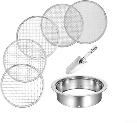 Honseadek Tamaños de acero inoxidable con 5 tamices de malla intercambiables de 1 mm, 3 mm, 6 mm, 9 mm, 12 mm, dispositivo de tamizado de tierra para filtrar compost de jardín y cuidado de plantas