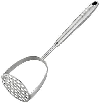 Stanley Rogers Monobloc Stainless Steel Potato Masher, Satin Finnish Kitchen Utensil with Wide Mashing Plate, Hanging Loop & Dishwasher Safe, Crushing Tool for Fruit & Vegetables, 33x8x2.1cm