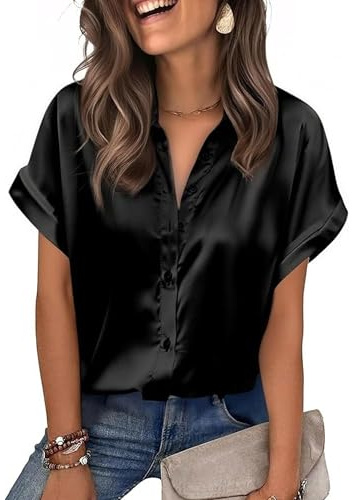 Springcmy Womens Satin Blouse Short Sleeve Silk Tops Button Down OL Work Shirts Business Casual Outfits Going Out Top (A Black, S)