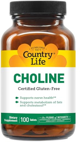 Country Life Choline 266mg, Certified Gluten Free, Certified Vegan, Certified Halal - 100 Tablets