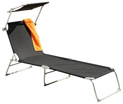 greemotion 3-Bein-Strandliege Texel silber/schwarz, klappbare Gartenliege mit verstellbarer Rückenlehne, Strandliege mit Sonnenschutzdach, Liege aus robuster Textilene, leichtes Aluminiumgestell