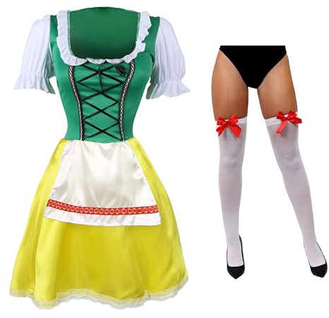 Ladies Green & Yellow Bavarian Dress With Stockings - Dress With Yellow Skirt, Green Top and White Stockings With Red Bow - Perfect for Oktoberfest & German Fancy Dress Parties