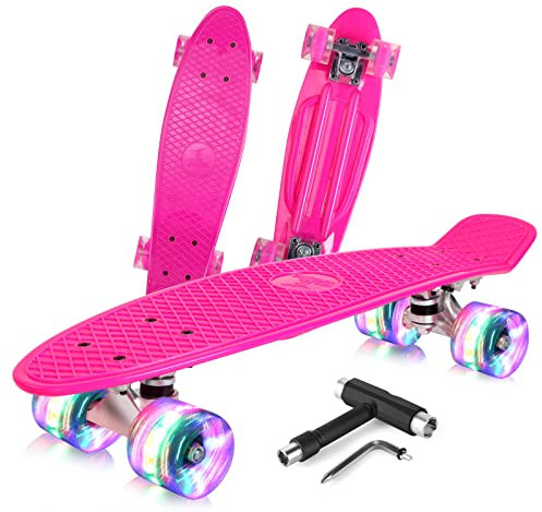 BELEEV Kinder Skateboard 22 Zoll mit LED Leuchtrollen Wheels, Komplette Mini Cruiser Skateboard für Kinder Jugendliche Erwachsene, LED Leuchtrollen mit All-in-one Skate T-Tool für Anfänger