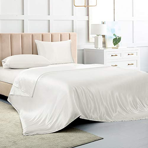 Satin Bed Sheets King Size Sheets, White Silk Sheets, 4 - Pieces Soft Bedding Set with 1 Deep Pocket Fitted Sheet,1 Flat Sheet,2 Pillowcase