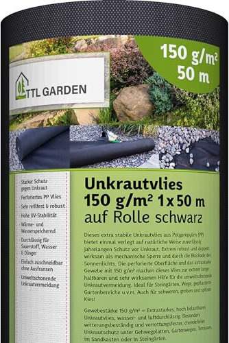 TTL Garden 150g/m² Unkrautvlies 50m² 1x50m Rolle - wasserdurchlässig & extra reißfest 50 x 1m breit Gartenvlies auf Rolle - UV-stabile Wurzelsperre Mulchvlies Garten Vlies Folie gegen Unkraut
