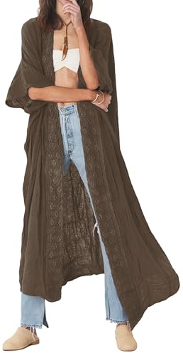 Bsubseach bordado frente abierto traje de baño cubrir para mujer media manga bikini playa kimono cárdigan marrón