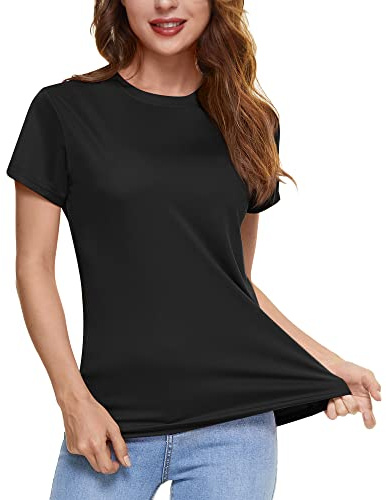 KEFITEVD Maillot de Bain à Manches Courtes pour Femme Été Léger Hauts de Sport Séchage Rapide Running Gym T-Shirt Noir, L