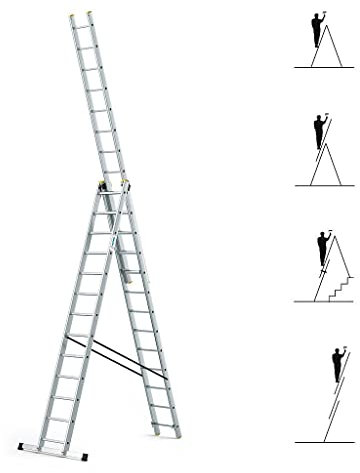 Echelle transformable 3 plans StablePro 3x13 marches aluminium extensible coulissante, 6 positions, hauteur travail max 8,61m, garantie 5 ans, Hostrom