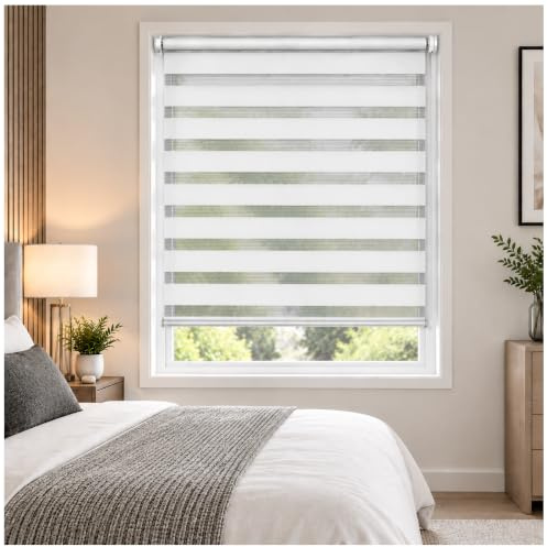 Day and Night Zebra Roller Blinds Dual Layer Fabric White W 184cm x L 165cm | Zebra/Vision or Translucent Roller Shades for Bedroom, Easy Fit Home Office Windows Roller Blinds
