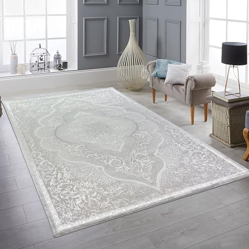 Orient Design hög-låg effekt kontursnitt matta dekorerad silver glänsande, 160 x 230 cm