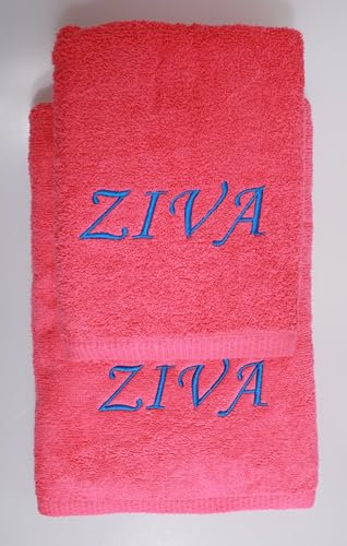 Generisch ★ Handtücher Set 2-TLG. - Duschtuch 70x140 + Handtuch 50x100 mit Namen Bestickt ★ Geschenk ★ Badetuch ★ 500 g/m2 ★ 100% Baumwolle ★ SUPER QUALITÄT ★ (2-TLG. - 70x140 cm + 50x100 cm, Pink)