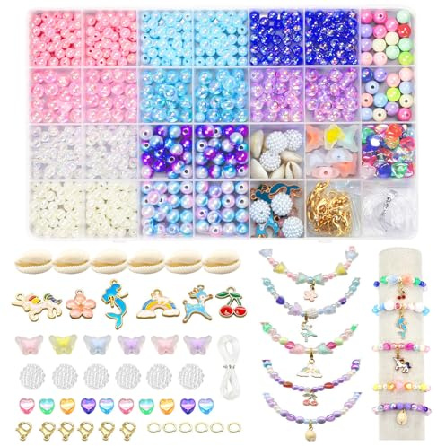 Liangding 600+ pcs Perles pour Bracelet, Perles Enfant Kit Fabrication Bijoux avec Pendentif Licorne et Sirène, Coffret Perles Jouet Fille de 5 à 12 Ans Cadeaux de Noël, Anniversaire