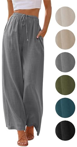 Puimentiua Pantalones de verano para mujer, ligeros, holgados de lino, cintura alta, pantalones palazzo de pierna ancha, pantalones de tela elegantes y aireados, pantalones de verano con pierna ancha