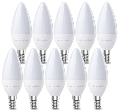 ehomeled Bombilla LED vela E14 luz cálida (3000K), 470 lúmenes 3,4W (=40W), bajo consumo, ideal para lámparas de araña, pack de 10