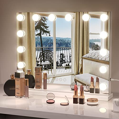 Moziel 50x42cm Specchio da Trucco con Luci, Hollywood da Tavolo o da Parete con Lampadine a 14 Led Tre Colori di Luce e Funzione di Luminosità Regolabile