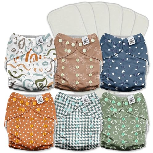 Mama Koala 3.0 Cloth Diapers for Babies with AWJ Lining, 6 Pack with 6 5-Layer Natural Cloth Diaper Inserts - Reusable and Washable Pocket Diapers(A-Full of Hope)