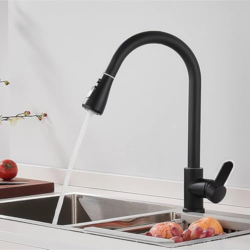 Grifo de cocina extraíble XWIHTR, grifo de cocina giratorio 360°, mezclador de cocina de acero inoxidable con 3 modos, grifo para fregadero de cocina (negro - caño grande)