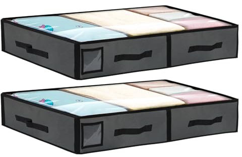 Set di 2 Contenitori Sottoletto - Organizer Armadio - Scatole per Armadio Salvaspazio 90L - Con Finestra Trasparente e Maniglia Rinforzata - Organizzatore Armadio per Vestiti, Coperte (Grigio)