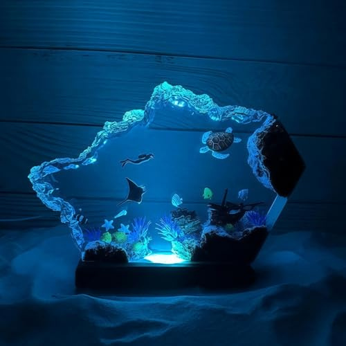 Drawelry 3D Epoxidharz Ozeanfigur Ornamente mit Holzsockel, LED Buntes Nachtlicht, Harz Ozean Tier Statue Hai Wale Pinguin Oktopus Figuren Skulptur Kunsthandwerk Mini Meere Aquarium Dekoration (B4, M)